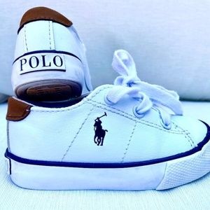 Ralph Lauren Polo Toddler Size 6 White Leather Sneakers, Brown accents, EUC!